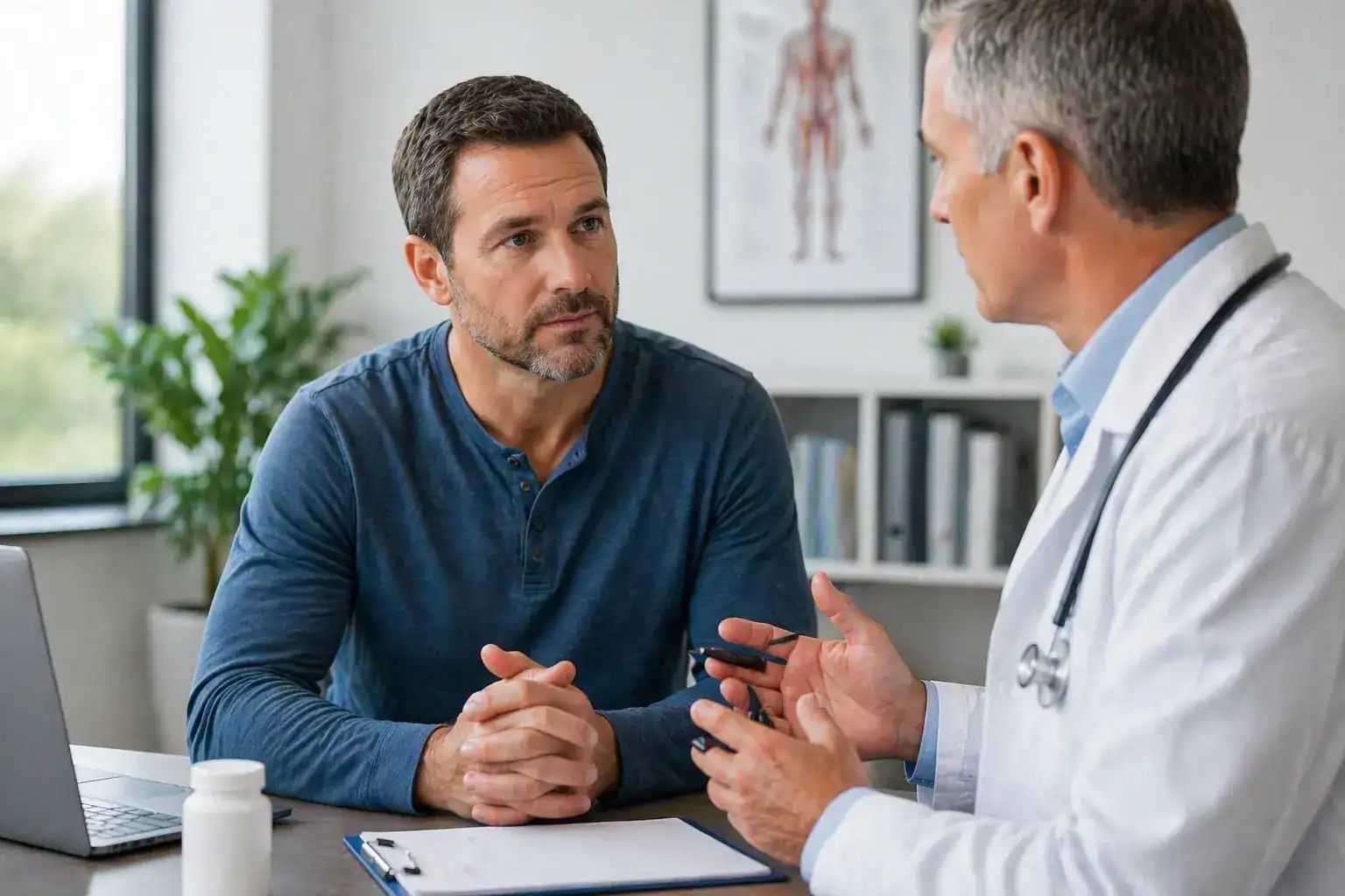 Man discussing low testosterone symptoms with doctor during private consultation