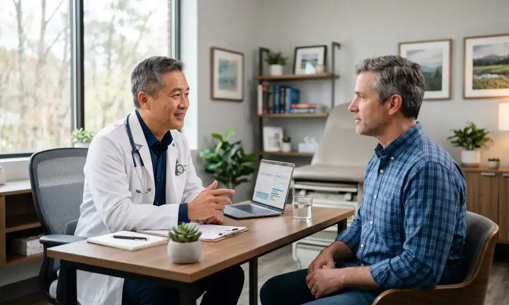 Doctor discussing treatment options with a male patient during a medical consultation.