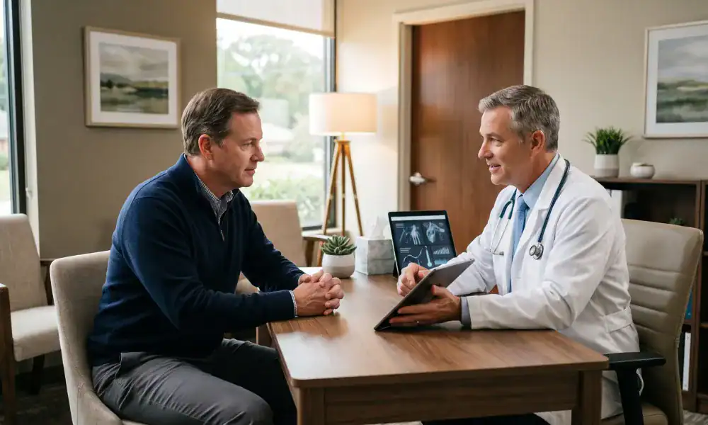 Doctor discussing ED treatment options with a male patient during a private consultation.