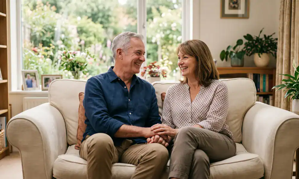Older couple sitting together on a sofa, smiling and holding hands in a bright, comfortable home.