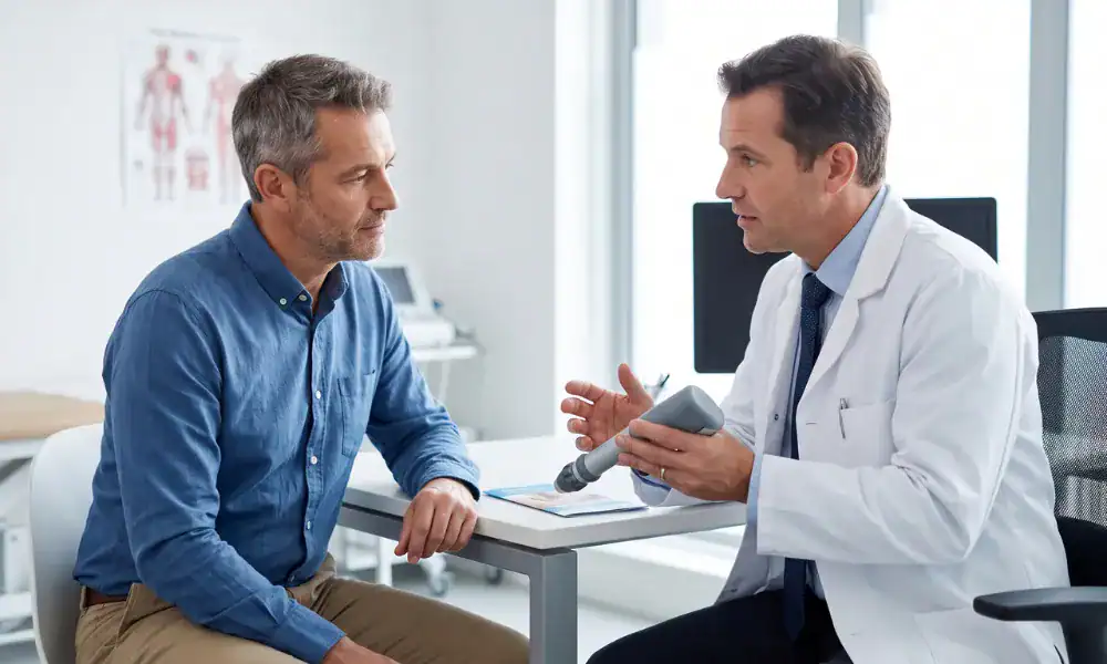 Doctor explaining acoustic wave therapy to a male patient during an ED treatment consultation in a medical office.
