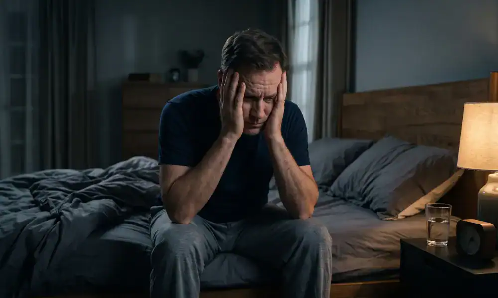 Man sitting on the edge of a bed with his hands on his face, appearing worried or distressed in a dimly lit bedroom.