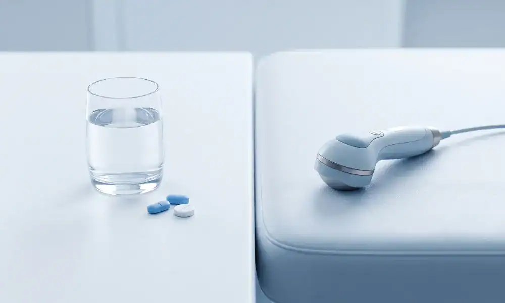 Pills and acoustic wave therapy device shown side by side for erectile dysfunction treatment comparison.